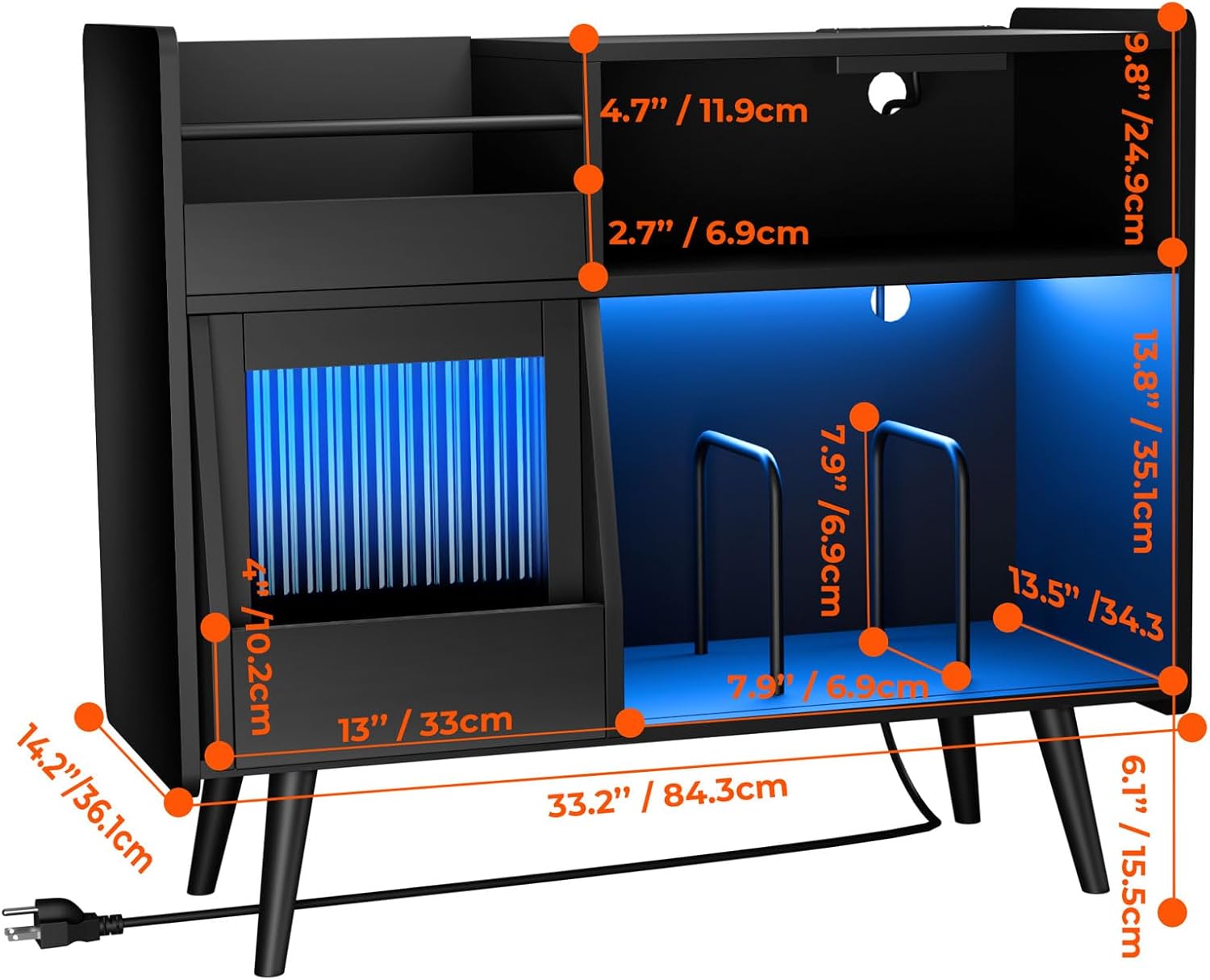 Loomie Large Black Record Player Stand Turntable Stand Shelf with with Power Outlet and LED Light,Vinyl Record Storage Cabinet Up to 350 Albums,Wood Record Player Holder Table for Living Room