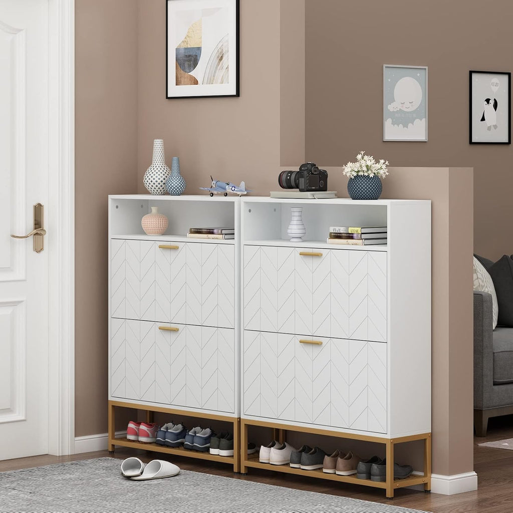 Loomie Shoe Cabinet, Free Standing Tipping Bucket Shoe Rack Organizer with 2 Flip Drawers,Entryway Narrow Shoe Storage with Storage Shelf & Top Cubby,Modern Slim Hidden Shoe Cabinet with Doors, White