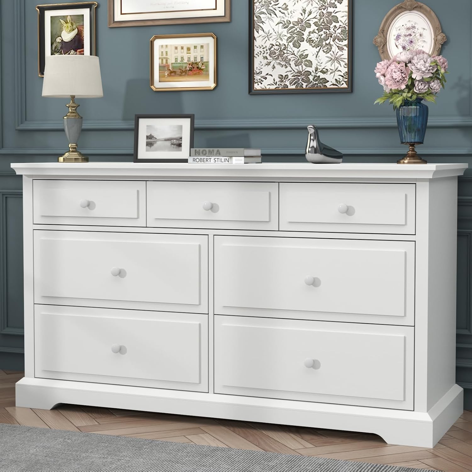 Loomie 7 Drawers White Double Dressers Chests for Bedroom, Large Storage Dressers Organizer for Bedroom, Long Dresser Tv Stand, Vintage Solid Tall Closet Dressers with Storage for Living Room, Hallway