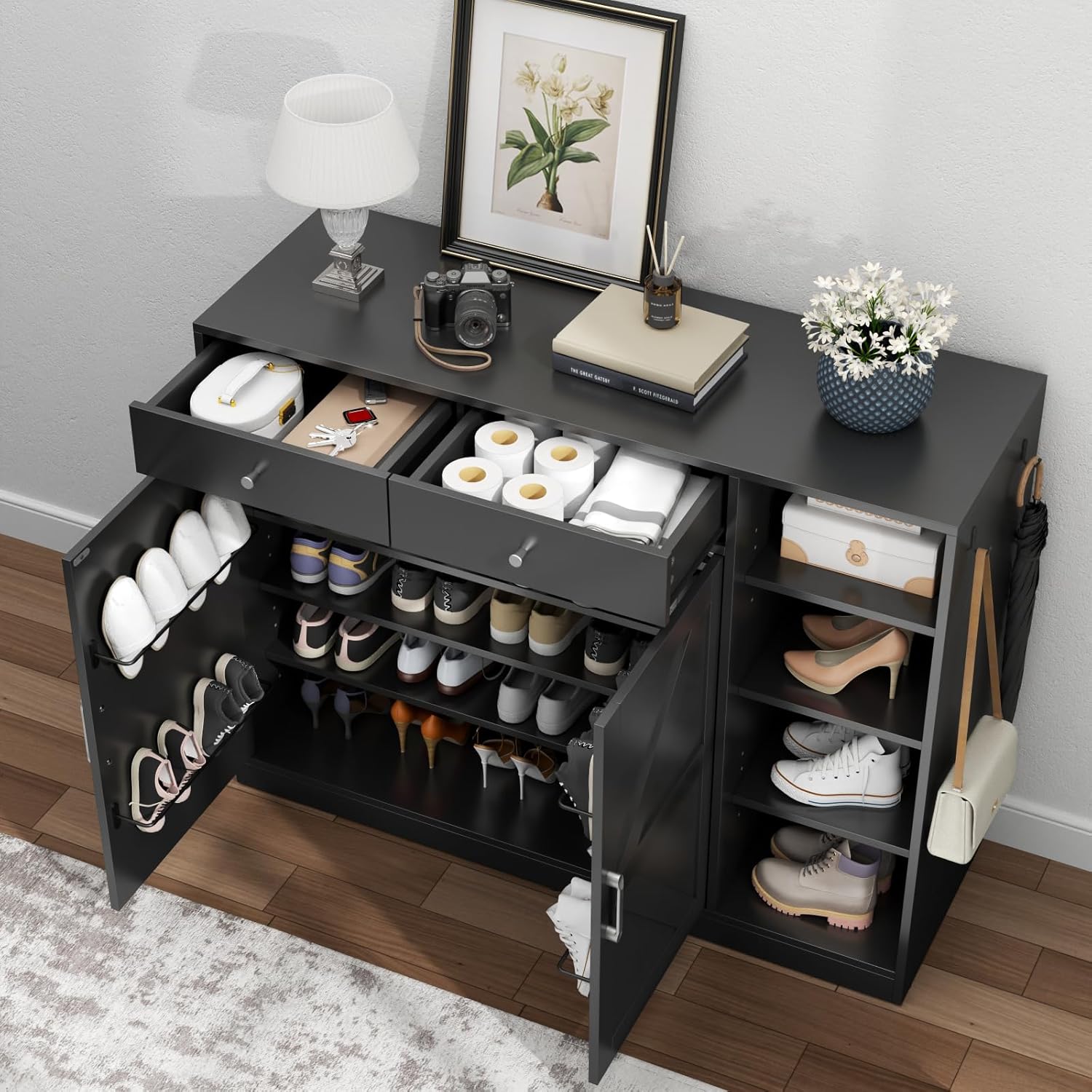 Loomie 5-Tier Shoe Cabinet with 4 Side Cubbies, Farmhouse Shoe Rack Cabinet with 6 Adjustable Shelves & 2 Drawers, Freestanding Shoe Storage Cabinet with 4 Brackets & 2 Hooks for Entryway (Black)