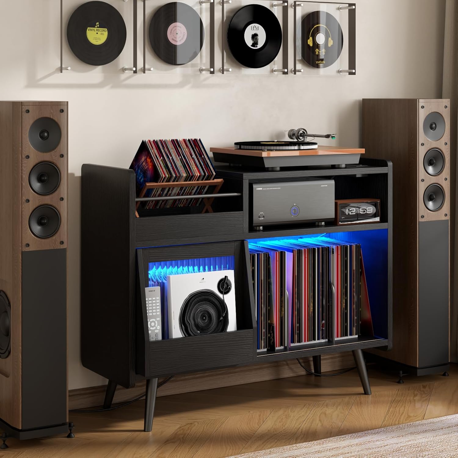 Loomie Large Black Record Player Stand Turntable Stand Shelf with with Power Outlet and LED Light,Vinyl Record Storage Cabinet Up to 350 Albums,Wood Record Player Holder Table for Living Room