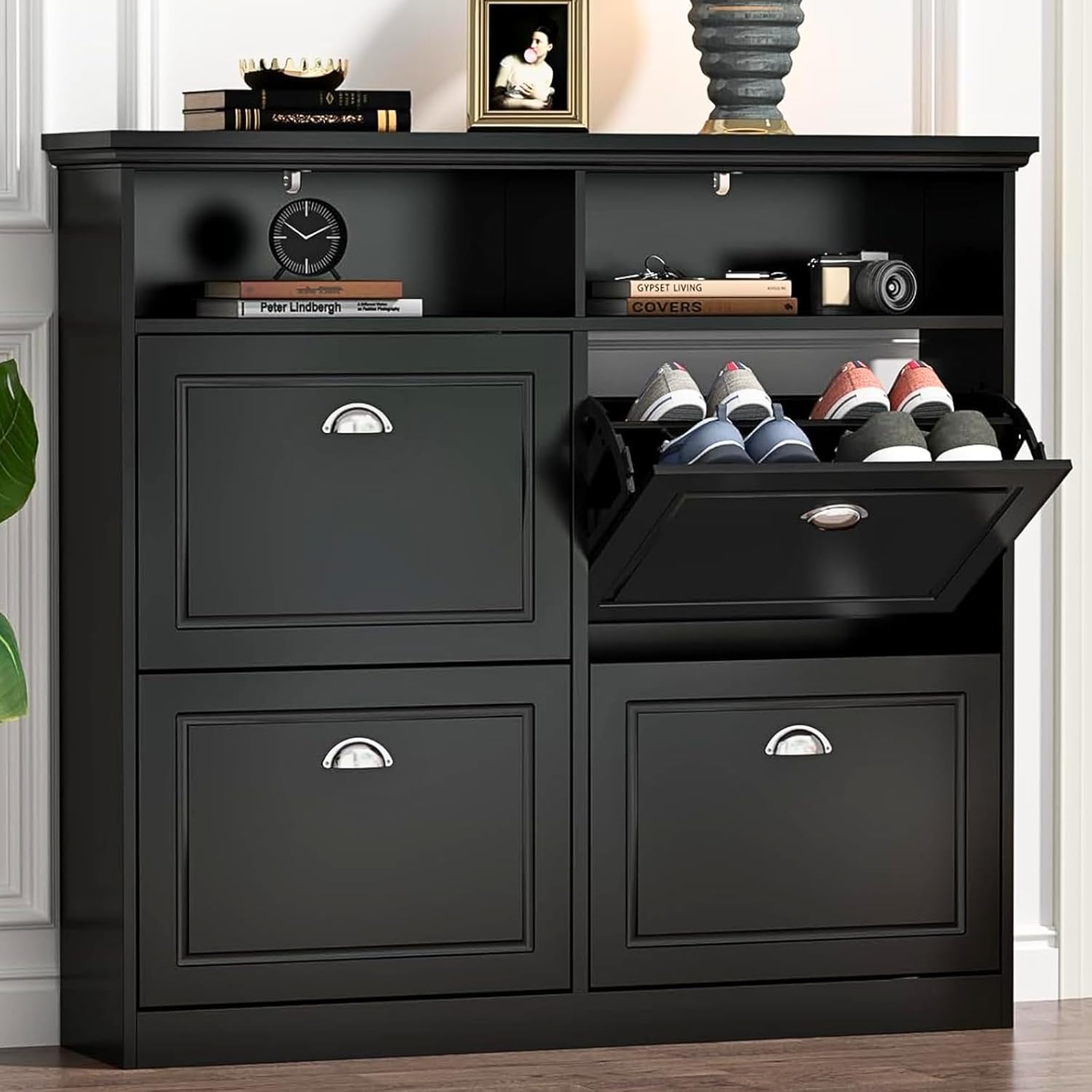 Loomie Shoe Cabinet with 4 Flip Drawers, Freestanding Shoe Storage Cabinet with Open Shelves, Hidden Slim Narrow Shoe Rack Cabinet, Shoe Organizer for Entryway, Foyer, Hallway (Black)