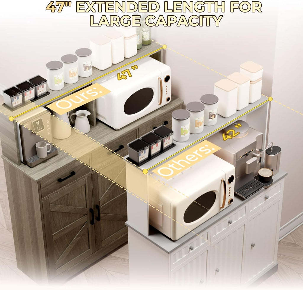 Grey Buffet Sideboard Storage Cabinet - 47" Large Double-Layer Kitchen Pantry Cabinet with 3 Drawers & 3 Doors, Modern Liquor Coffee Bar Buffet Table with Hutch for Dining Living Room