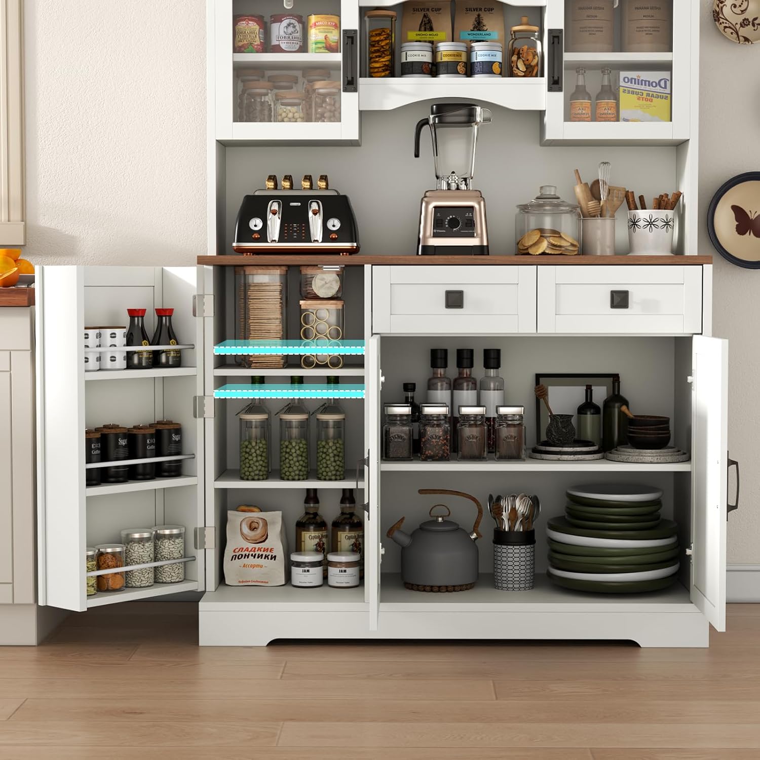 Loomie 59" Farmhouse Buffet Cabinets with Storage,Buffet Sideboard Cabinet with Drawers and Glass Door,Freestanding Coffee Bar with Adjustable Shelves for Dining Room,Kitchen,(White)