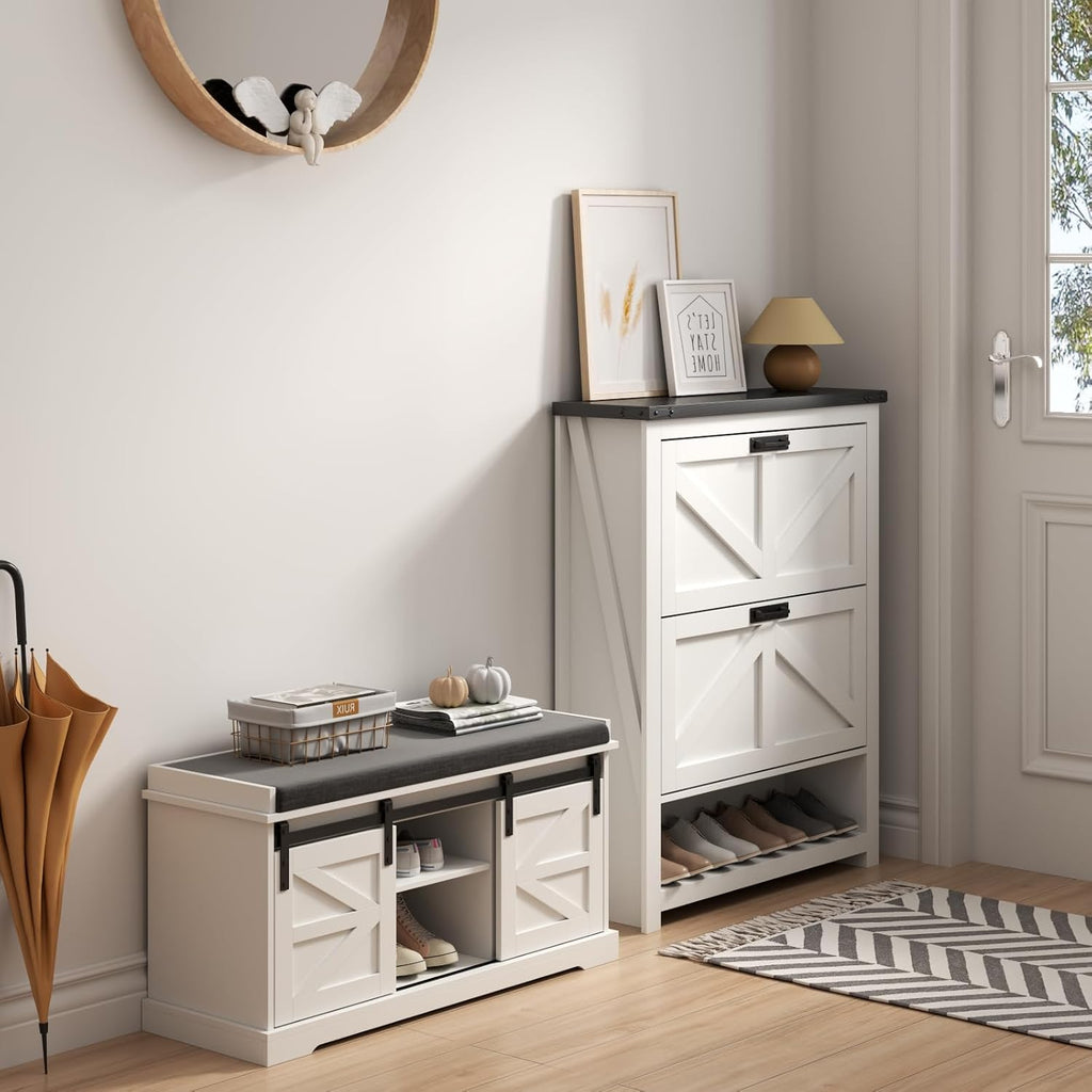 Loomie Shoe Storage Bench, 2-Tier Farmhouse Entryway Bench with Sliding Barn Door Storage Cabinets & Full Soft Removable Seat Cushion, Silm Shoe Rack with Shoe Cabinet for Entryway, Hallway, Bedroom