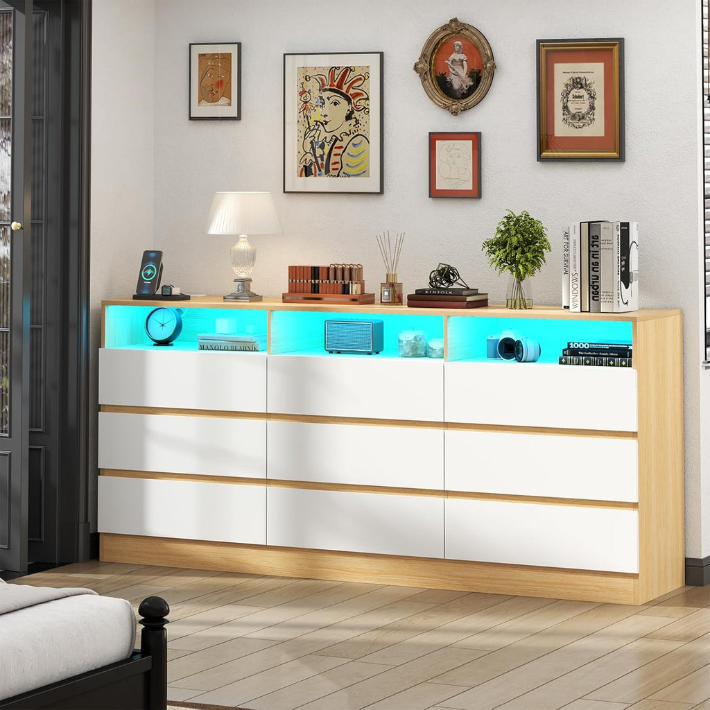 Loomie 9 Drawers Dresser, 63'' White Chests of Drawers with Power Outlet, Accent Large Double Dresser with LED Light, Modern Storage Dresser for Bedroom, Living Room (White&Light Walnut)