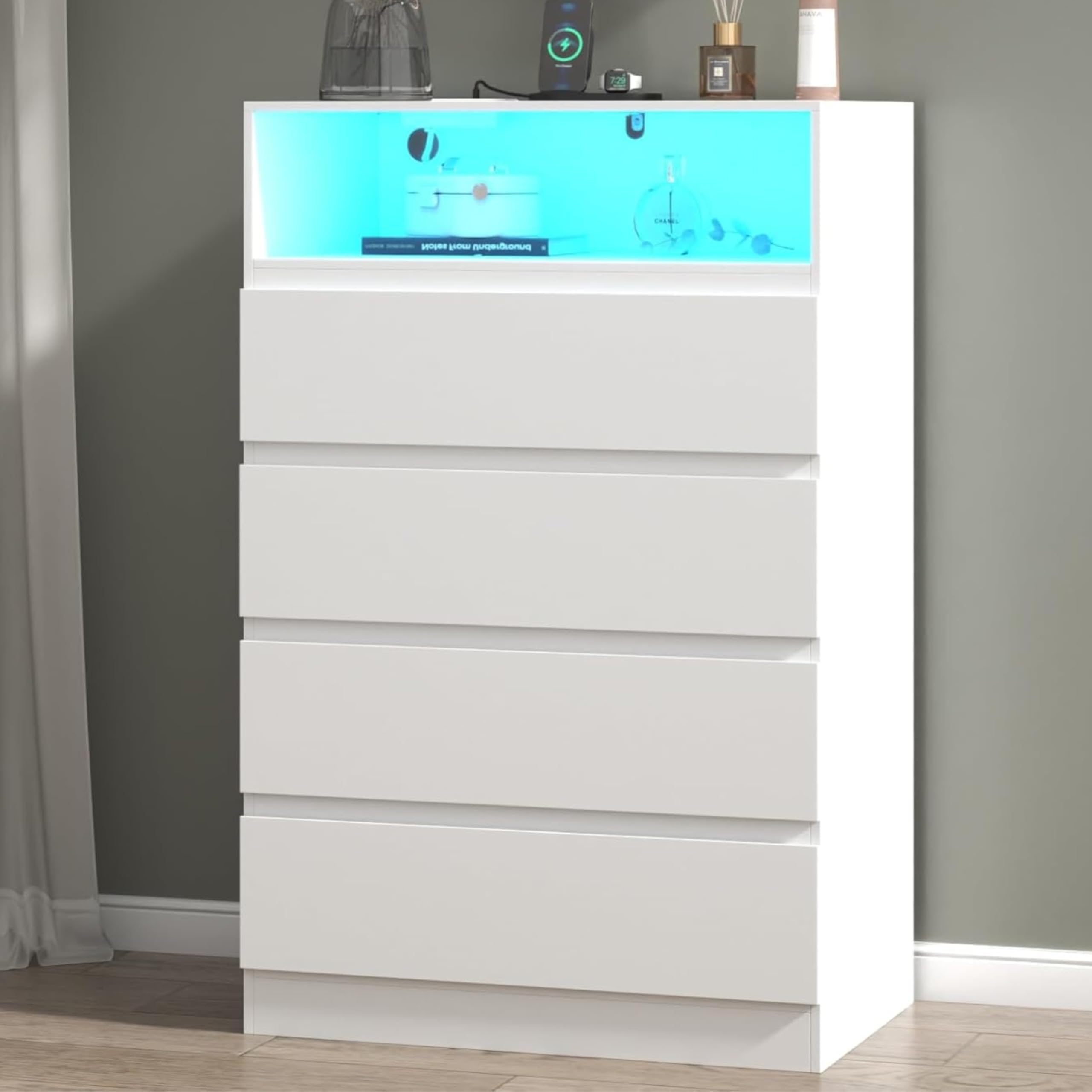 Loomie 12-Cell Divided Drawers White Dresser with Charging Station & Led Lights for Bedroom, Long 63" Wide Dresser TV Stand for TVs up to 75", Large Dressers Organizer with 4 Open Cubbies