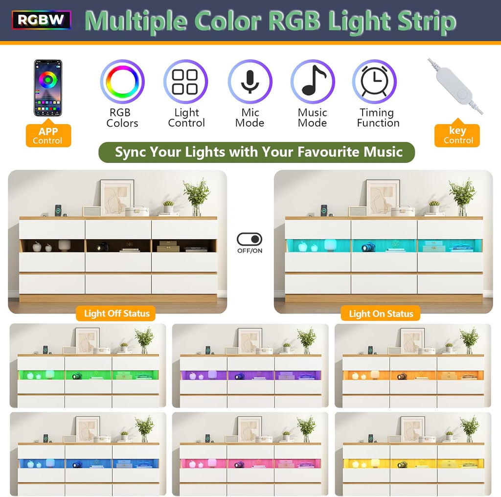 Loomie 9 Drawer Triple Dresser with Charging Station & Led Lights for Bedroom,Long 63" Dresser TV Stand for TVs up to 75",Wide Large Drawer Dressers Organizer with 3 Cubbies for Hallway, Light Wood