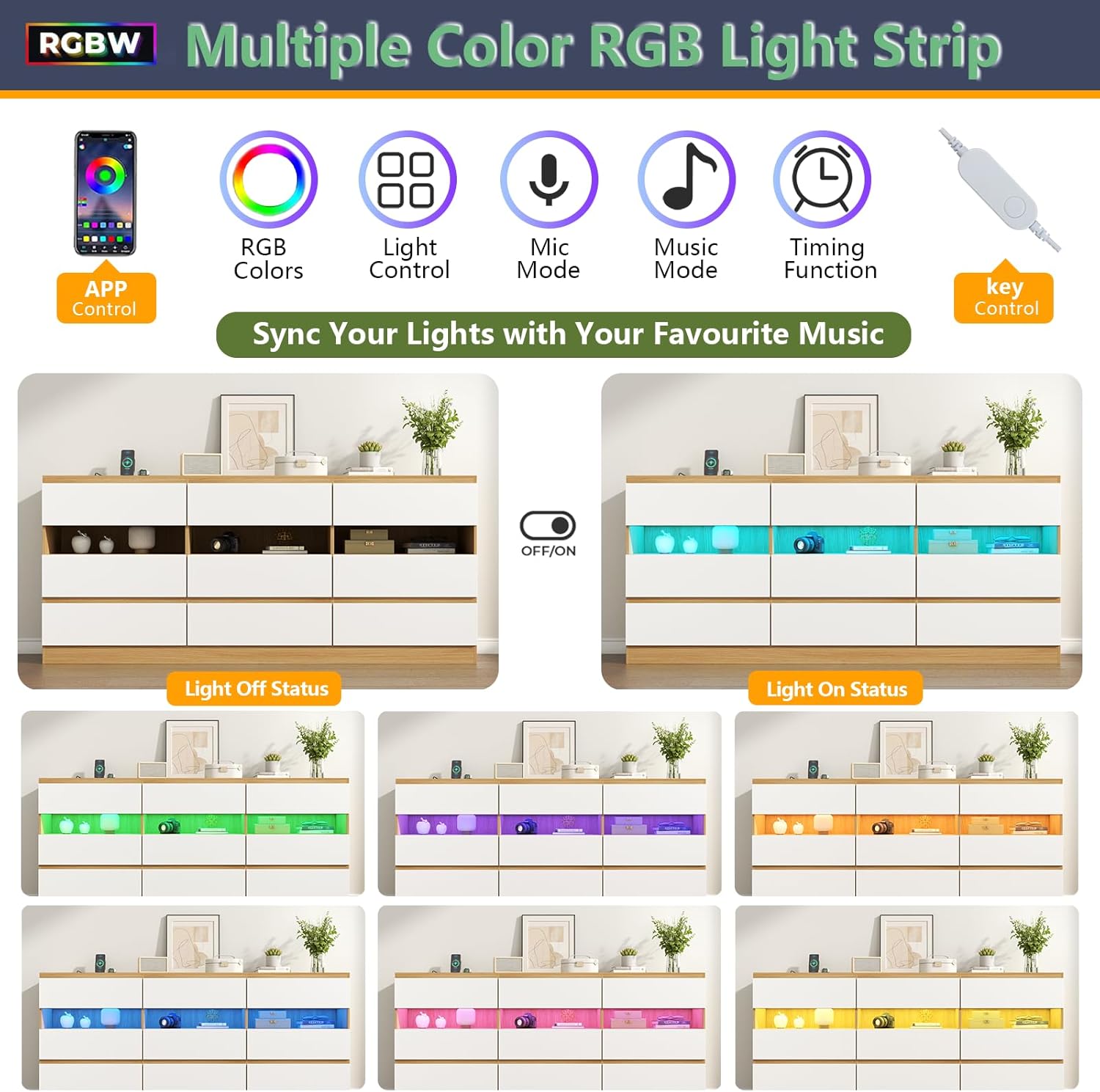 Loomie 9 Drawer Triple Dresser with Charging Station & Led Lights for Bedroom,Long 63" Dresser TV Stand for TVs up to 75",Wide Large Drawer Dressers Organizer with 3 Cubbies for Hallway, Light Wood