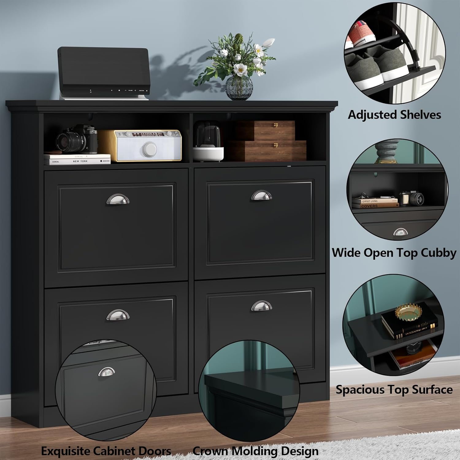 Loomie Shoe Cabinet with 4 Flip Drawers, Freestanding Shoe Storage Cabinet with Open Shelves, Hidden Slim Narrow Shoe Rack Cabinet, Shoe Organizer for Entryway, Foyer, Hallway (Black)