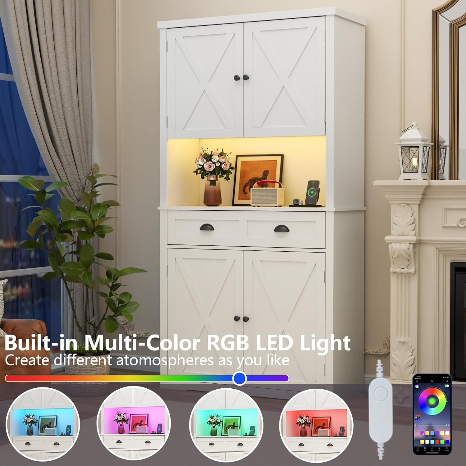 Loomie 72" Farmhouse Kitchen Pantry Cabinet With LED, Operation Table & Power Outlet, Tall Storage With Drawer, Adjustable Shelves for Dining Room (White)