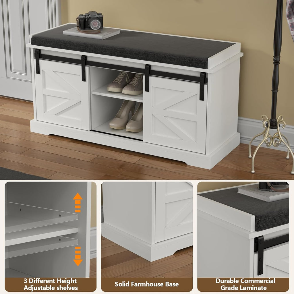 Loomie Shoe Storage Bench, 2-Tier Farmhouse Entryway Bench with Sliding Barn Door Storage Cabinets & Full Soft Removable Seat Cushion, Silm Shoe Rack with Shoe Cabinet for Entryway, Hallway, Bedroom
