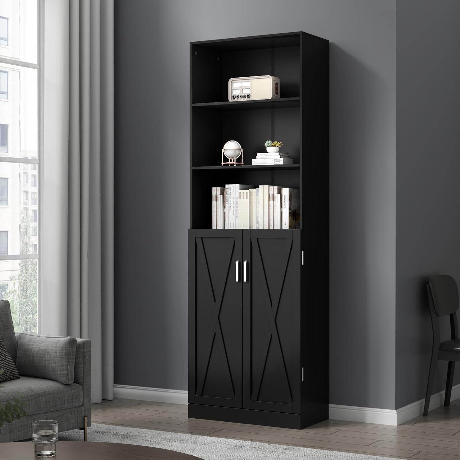 Loomie Industrial Bookshelf with Door, 6 Tier Farmhouse Book Shelf with Adjustable Shelves,70" Tall Display Etagere Bookcase,Floor Standing Unit Book Case Furniture for Home Office,Living Room (Black)