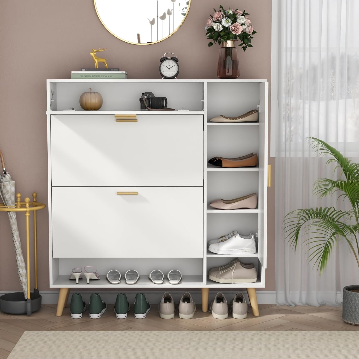 Loomie Narrow Shoe Cabinet with Flip Drawers & Side Cabinet, Hidden Storage with Adjustable Shelf, Slim for Entryway (White)