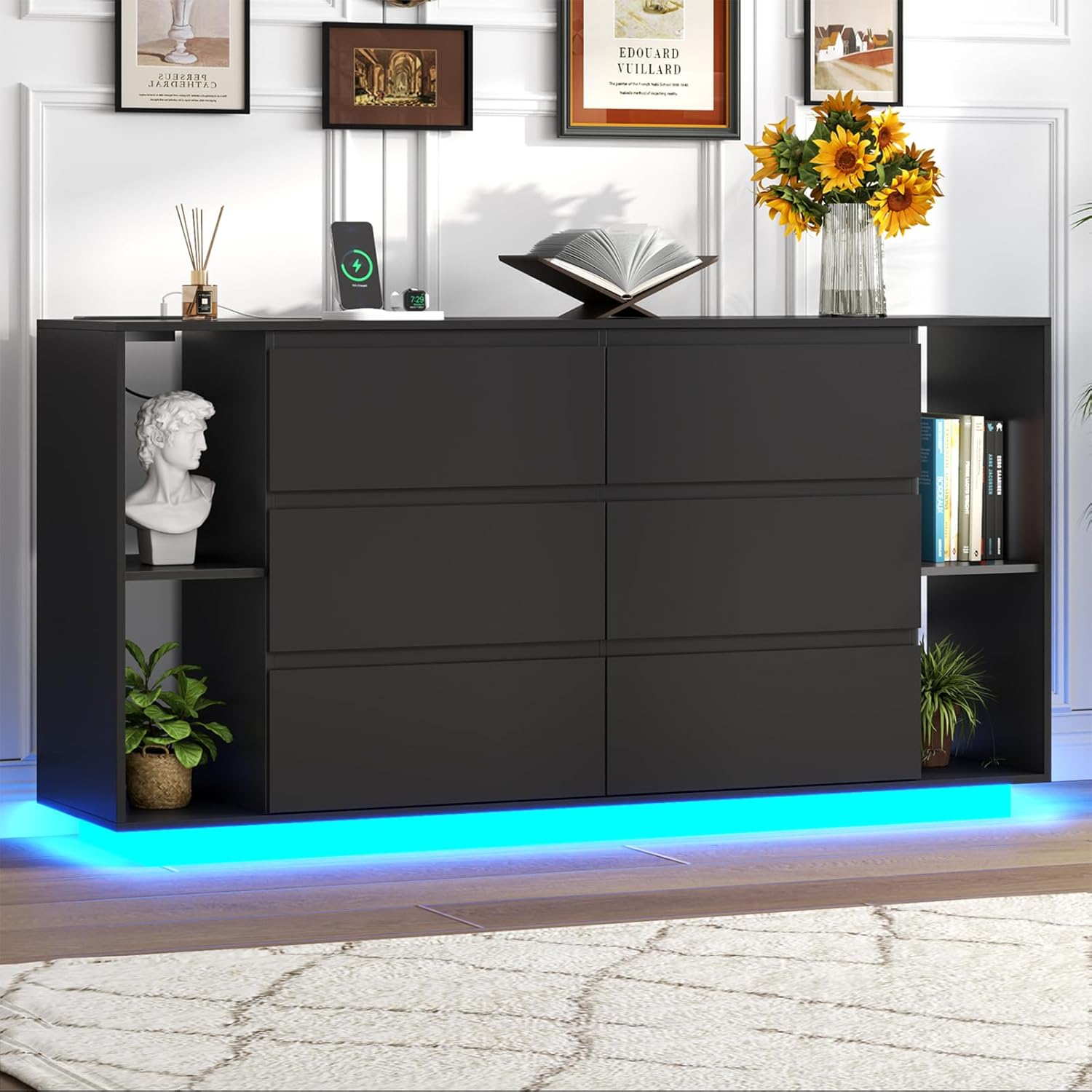 Loomie 6 Drawer Dresser for Bedroom, Modern Chest of Drawers with Power Outlet & LED Light, Double Wide Drawer Dresser Organizer Cabinet with Side Storage Shelves for Living Room (Black)