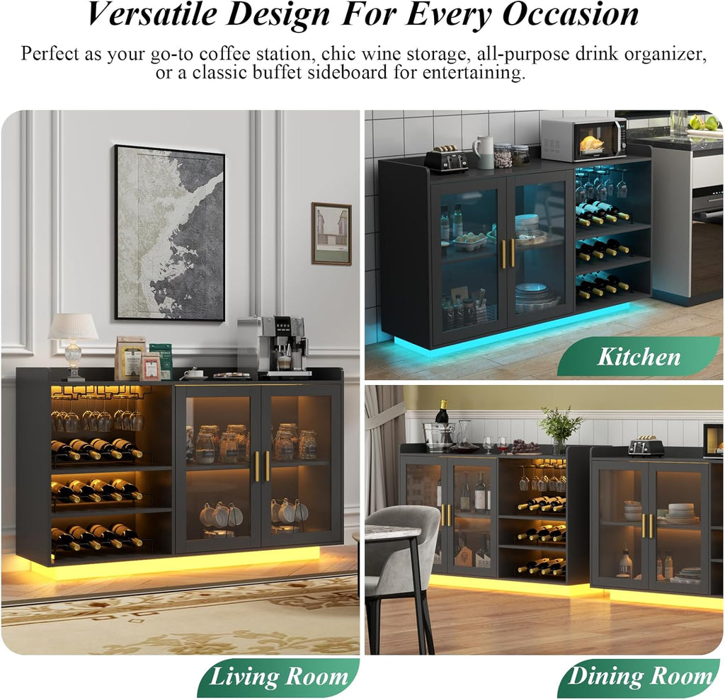 Loomie Wine Bar Cabinet with LED Lights, Floating Coffee Bar with Glass Rack and Removable Wine Racks, Modern Buffet Sideboard with Storage Shelves, Kithchen Bar with Glass Cabinet Doors, Black