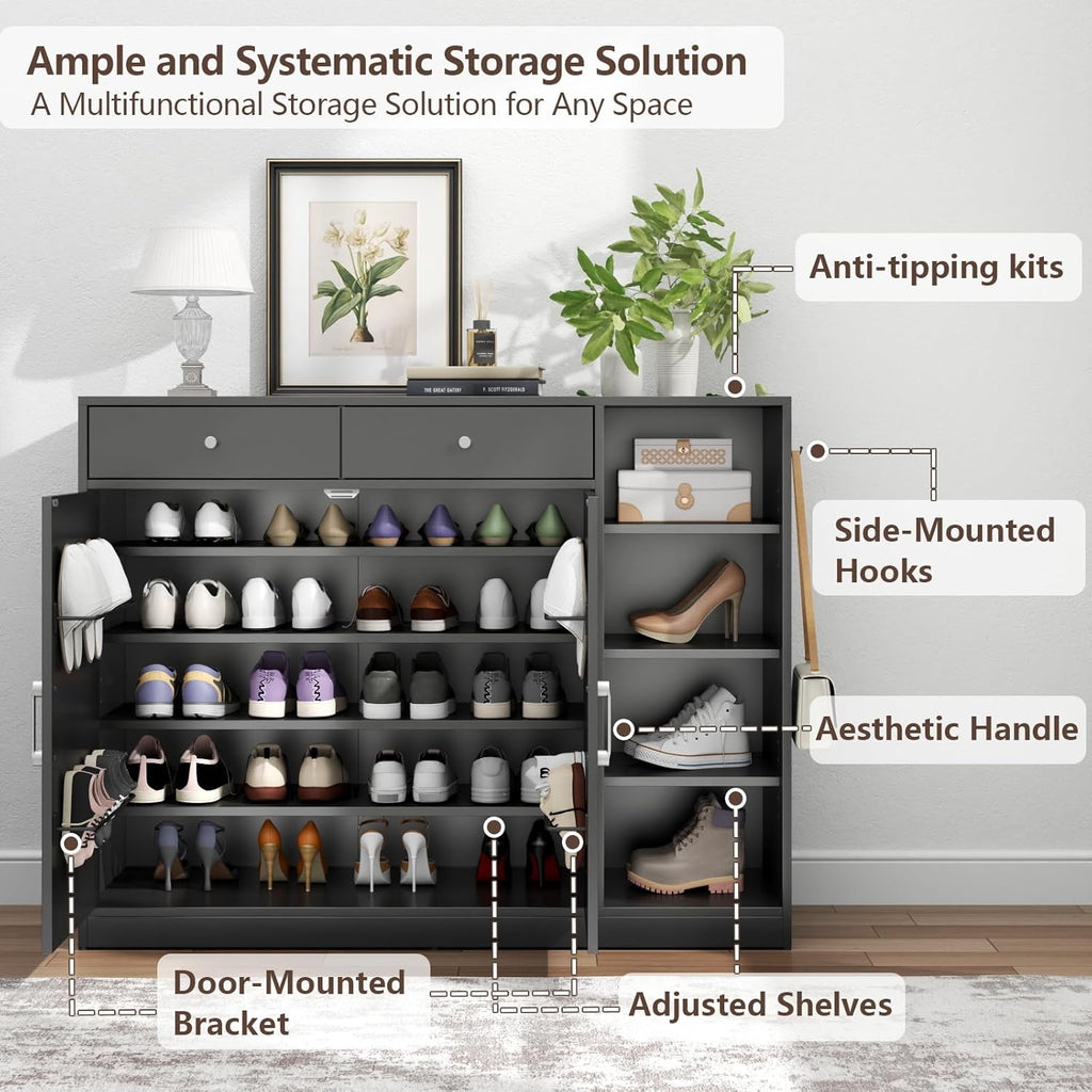 Loomie 5-Tier Shoe Cabinet with 4 Side Cubbies, Farmhouse Shoe Rack Cabinet with 6 Adjustable Shelves & 2 Drawers, Freestanding Shoe Storage Cabinet with 4 Brackets & 2 Hooks for Entryway (Black)