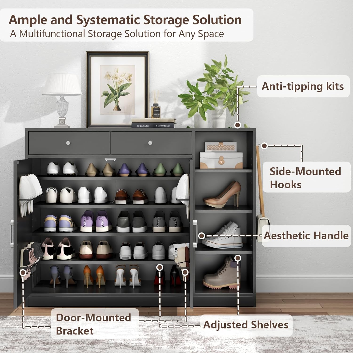 Loomie 5-Tier Shoe Cabinet with 4 Side Cubbies, Farmhouse Shoe Rack Cabinet with 6 Adjustable Shelves & 2 Drawers, Freestanding Shoe Storage Cabinet with 4 Brackets & 2 Hooks for Entryway (Black)