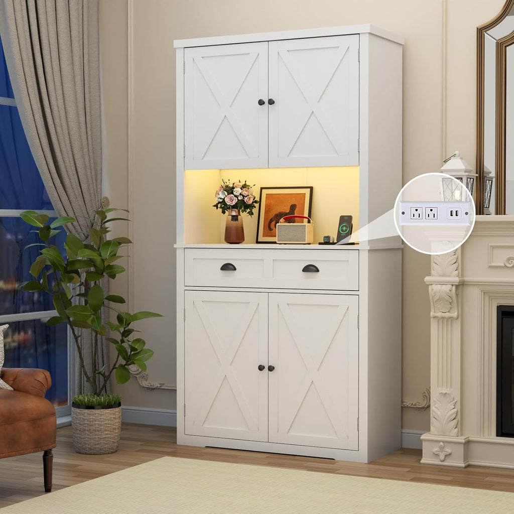 Loomie 72" Farmhouse Kitchen Pantry Cabinet With LED, Operation Table & Power Outlet, Tall Storage With Drawer, Adjustable Shelves for Dining Room (White)