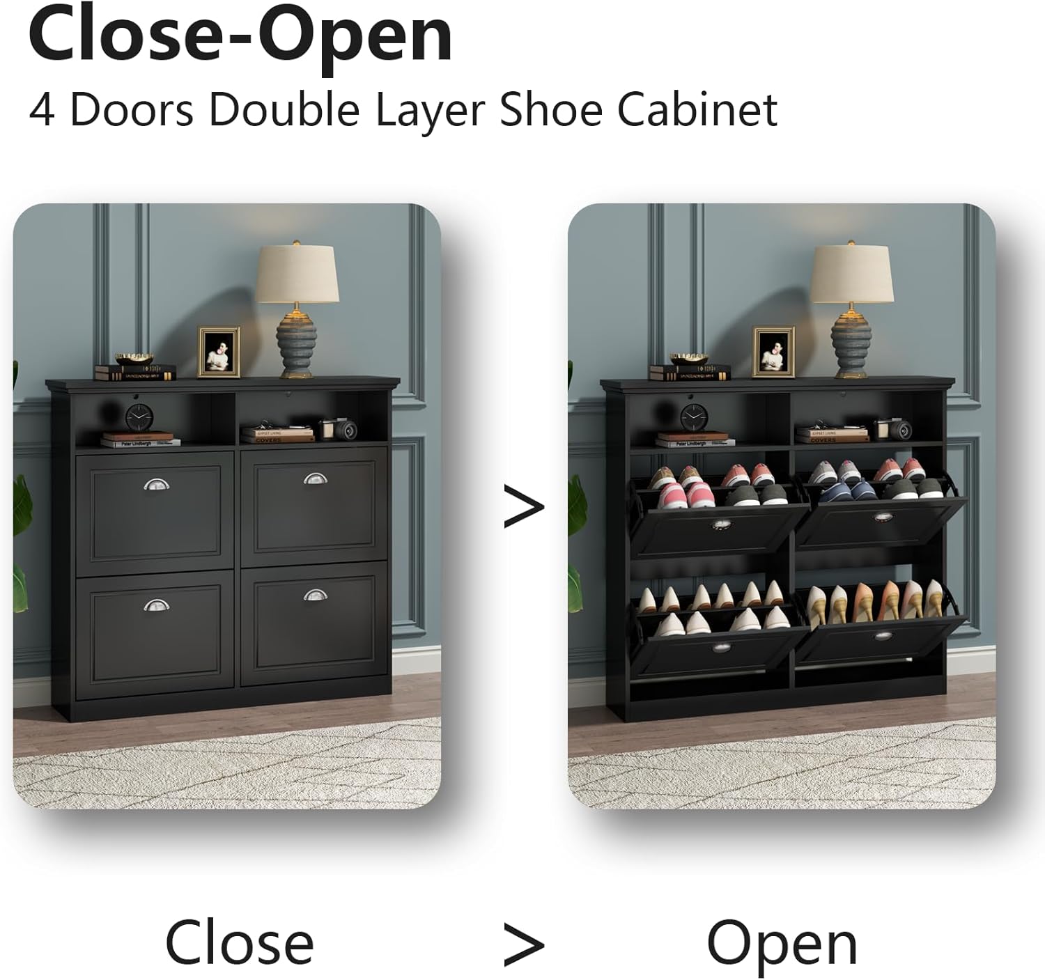 Loomie Shoe Cabinet with 4 Flip Drawers, Freestanding Shoe Storage Cabinet with Open Shelves, Hidden Slim Narrow Shoe Rack Cabinet, Shoe Organizer for Entryway, Foyer, Hallway (Black)