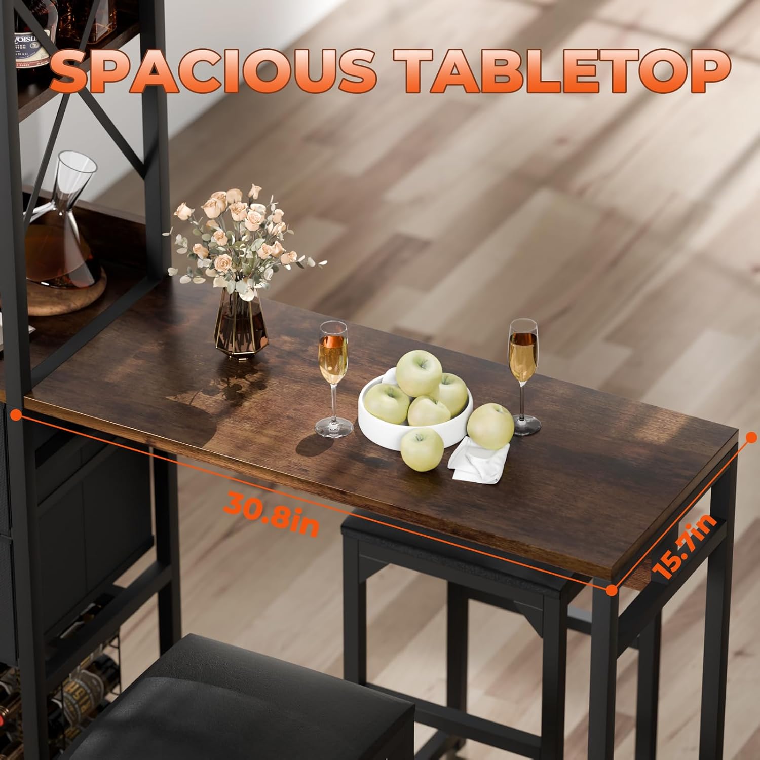 6-Tier Bar Table and Chairs Set, Metal Coffee Bar with Storage Shelves and 2 Fabric Drawers, Dining Table Cup Holder & Wine Rack, Kitchen Table Set with PU Leather Cushion Stools for Small Space