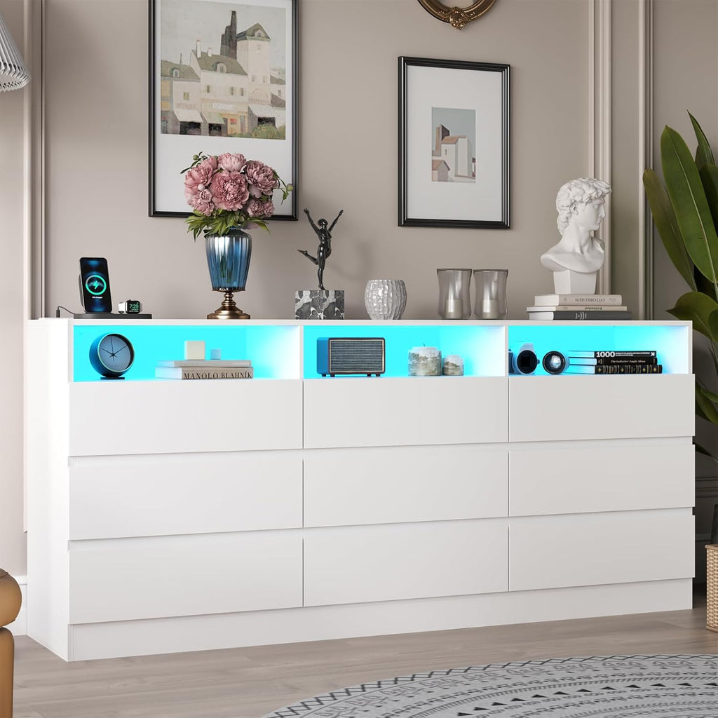 Loomie 9 Drawer Dresser with Power Outlet, Modern Chest of Drawers with LED Light, Long Wide Drawer Dresser Organizer Cabinet with 3 Open Cubbies for Bedroom, Living Room,Entryway (White)