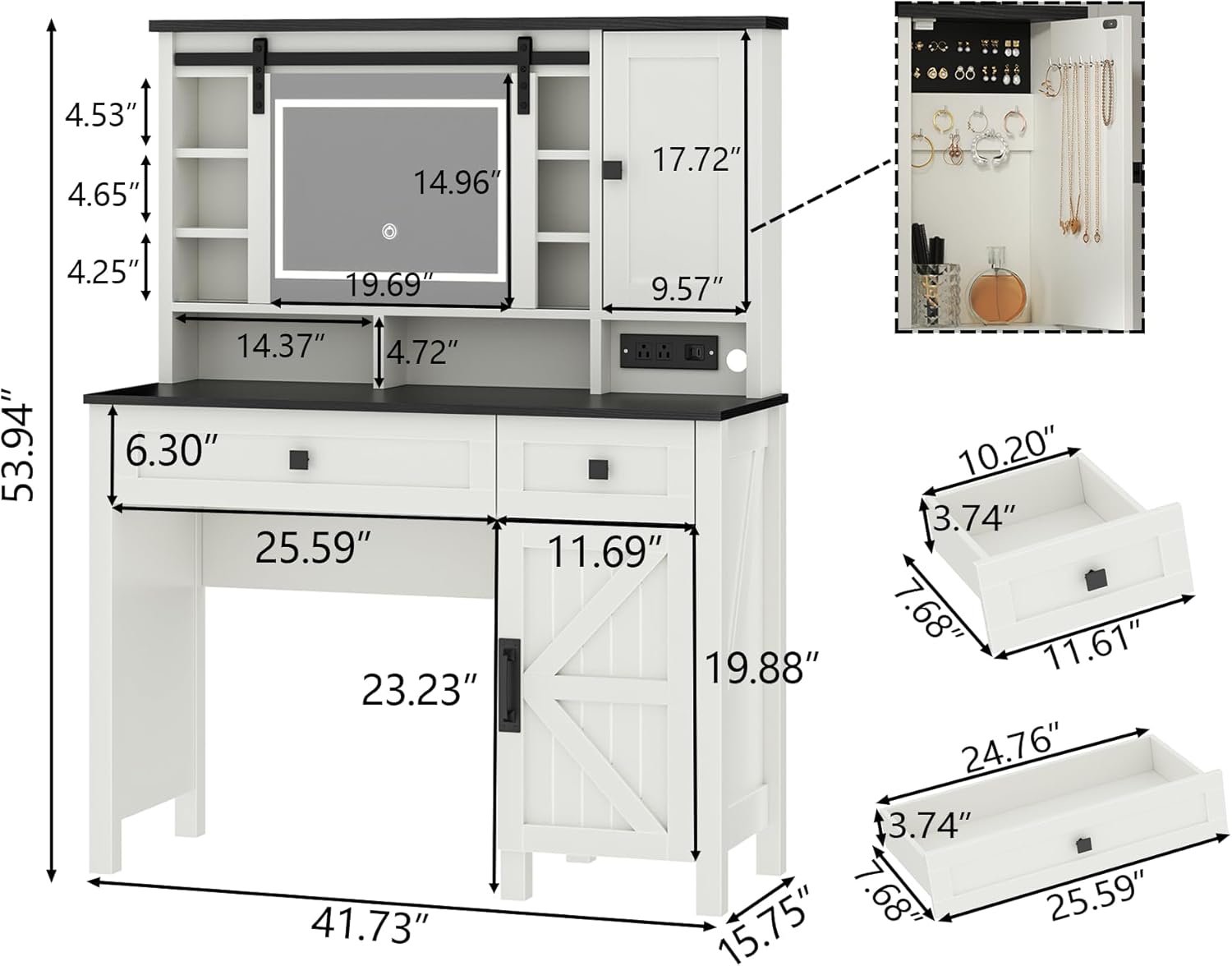 Loomie Farmhouse Vanity Desk with Sliding Mirror & Lights, Makeup Vanity Table with Power Outlet, 2 Drawers, 2 Cabinets & 2 Cubbies, Dressing Table with 3 Color Lighting Modes for Bedroom (White)
