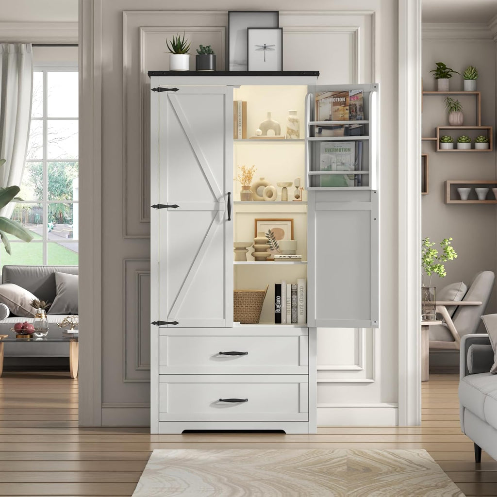 Loomie 71" Tall Farmhouse Kitchen Pantry with Sensor Light & Adjustable Shelves, Large Storage Cabinet with 2 Drawers & Adjustable Shelves, Rustic Wood Cupboard for Dining Room,Bathroom, Living Room