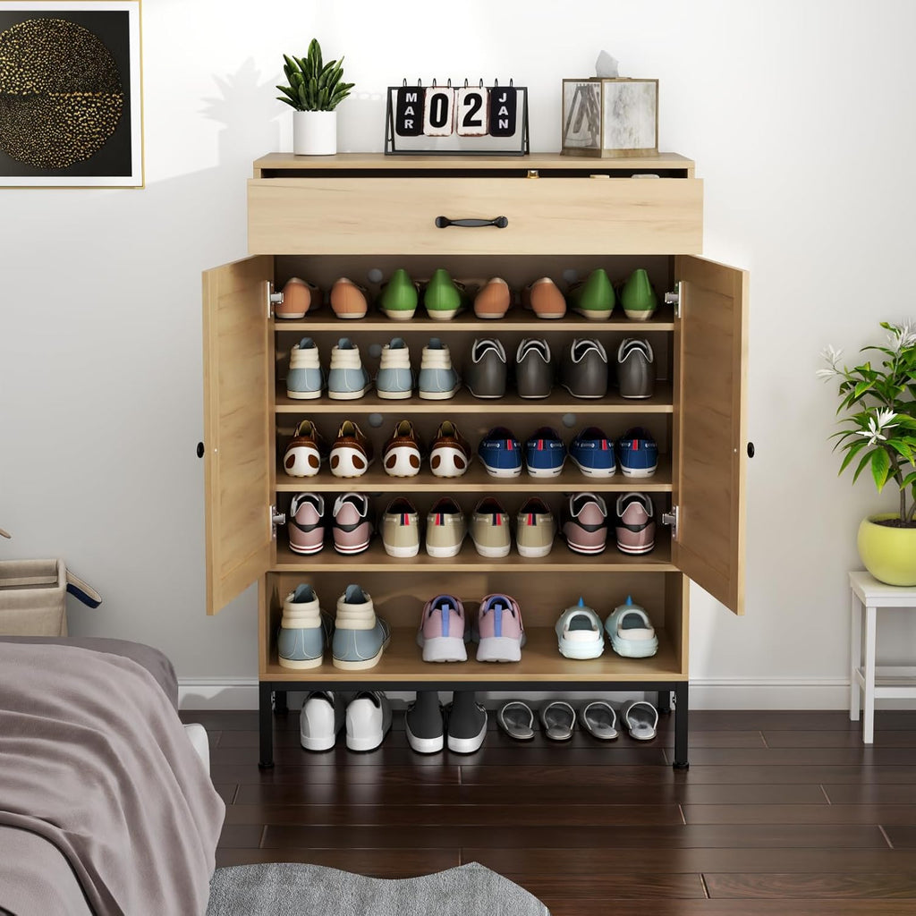 Loomie Rattan 5-Tier Shoe Storage Cabinet with Doors, Drawer & Cubby, 44.3" Boho Shoe Organizer for Entryway Hallway Closet (Natural)