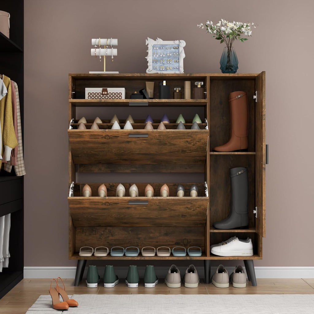 Loomie Shoe Storage With 2 Flip Drawers & Side Cabinet, Narrow Hidden Storage With Doors, Adjustable Shelf, Slim for Entryway (Rustic)