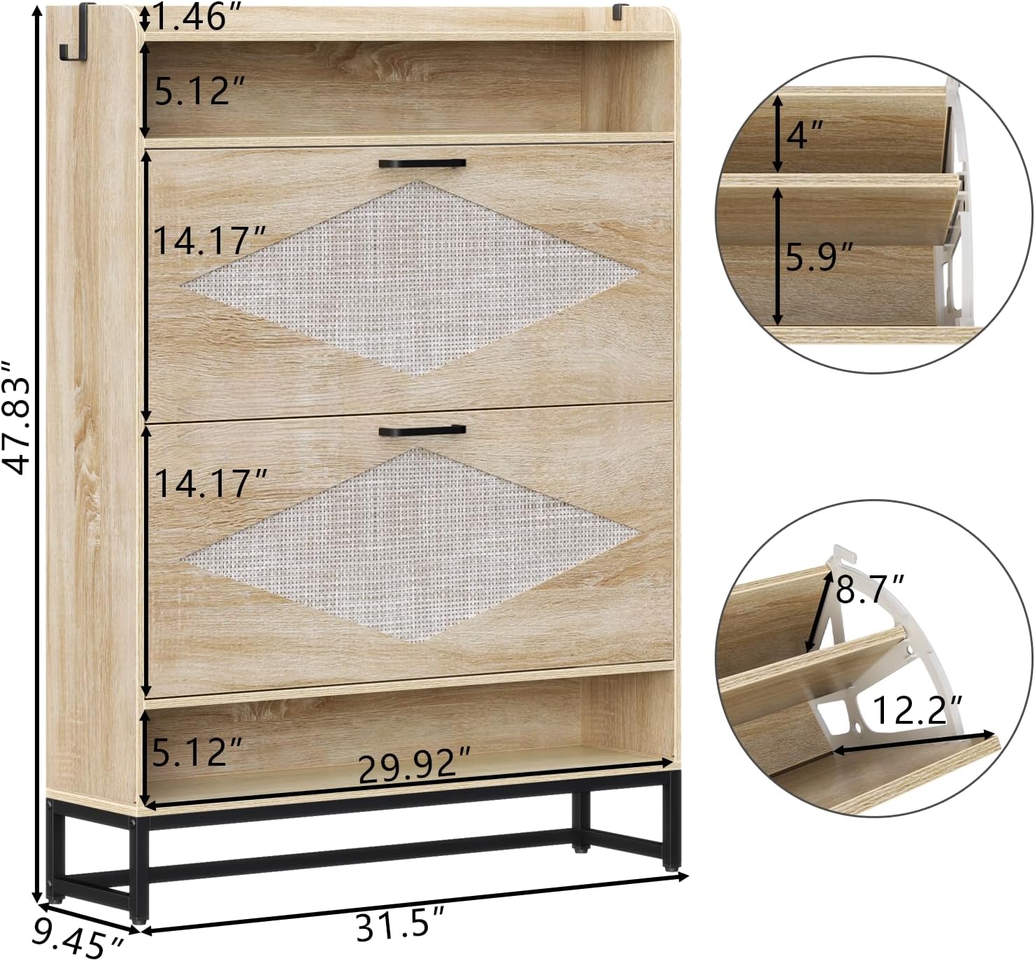 Loomie Rattan Shoe Cabinet, Shoe Storage Cabinet with 2 Flip Drawers, Hidden Shoe Storage with Top & Bottom Cubbies, 47.8" Tall Shoe Organizer Cabinet for Entryway, Hallway, Living Room (Natural)