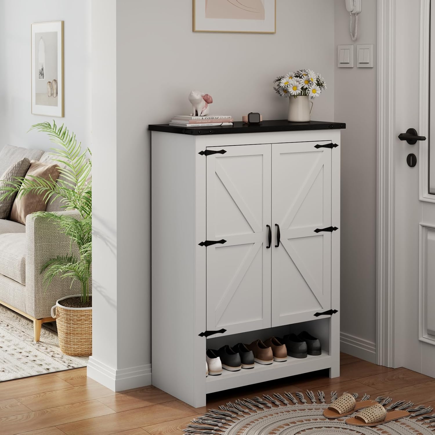 Loomie Shoe Cabinet with Doors, 7-Tier 28 Pair Shoe Cabinet Storage for Entryway, Hidden Narrow Shoe Cabinets with Adjustable Shelves, Slim Thin Shoe Rack Organizer for Hallway, Living Room, White