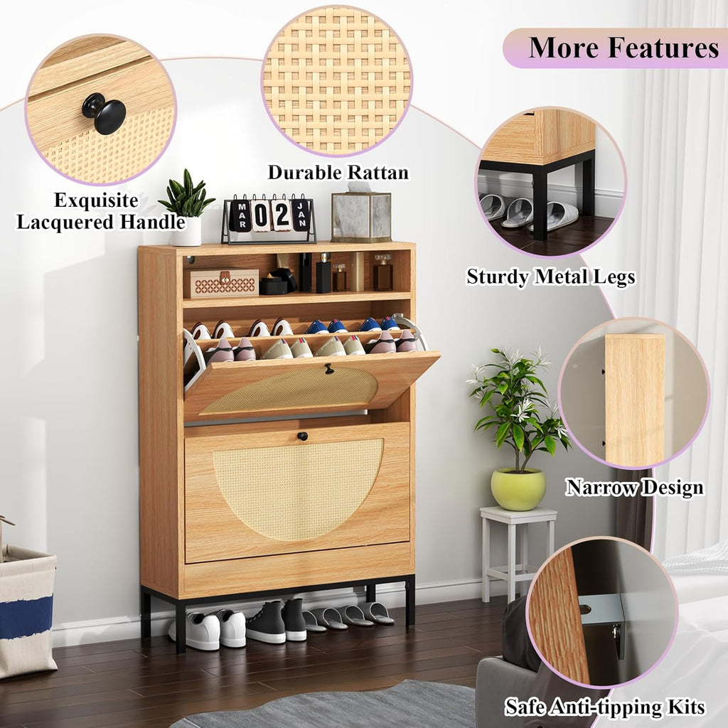 Loomie Rattan Shoe Cabinet, Free Standing Tipping Bucket Shoe Rack Organizer with 2 Flip Drawers,Modern Entryway Narrow Shoe Storage with Top Cubby, Boho Slim Hidden Cabinet with Doors (Natural)