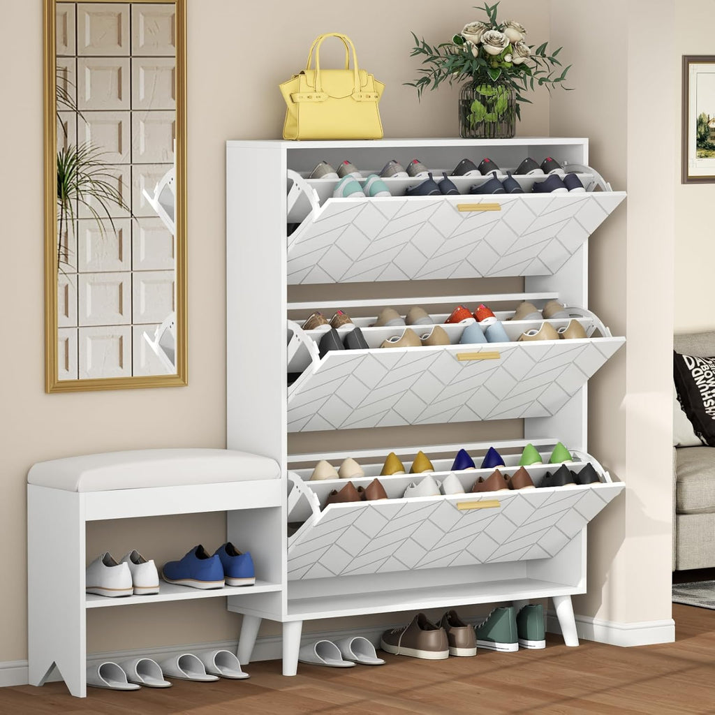 Loomie Shoe Cabinet w/3 Flip Drawers, Shoe Storage Cabinet w/Bench for Entryway, Freestanding Narrow Hidden Shoe Rack Organizer with Open Shelf & Solid Wood Legs for Hallway,Living Room,Closet,White