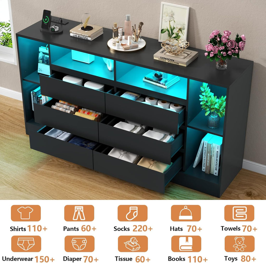 Loomie 6 Drawers Dresser with 6 Open Storage Cubbies, LED Dressers & Chests of Drawers with Power Outlet, 55" Wide Long Dresser for Bedroom, Modern TV Stand with Open Shelf (Black)
