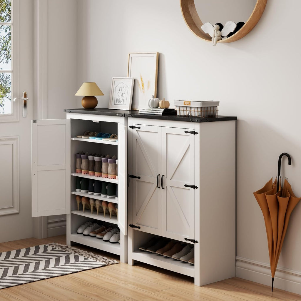 Loomie Shoe Cabinet with Doors, 7-Tier 28 Pair Shoe Cabinet Storage for Entryway, Hidden Narrow Shoe Cabinets with Adjustable Shelves, Slim Thin Shoe Rack Organizer for Hallway, Living Room, White