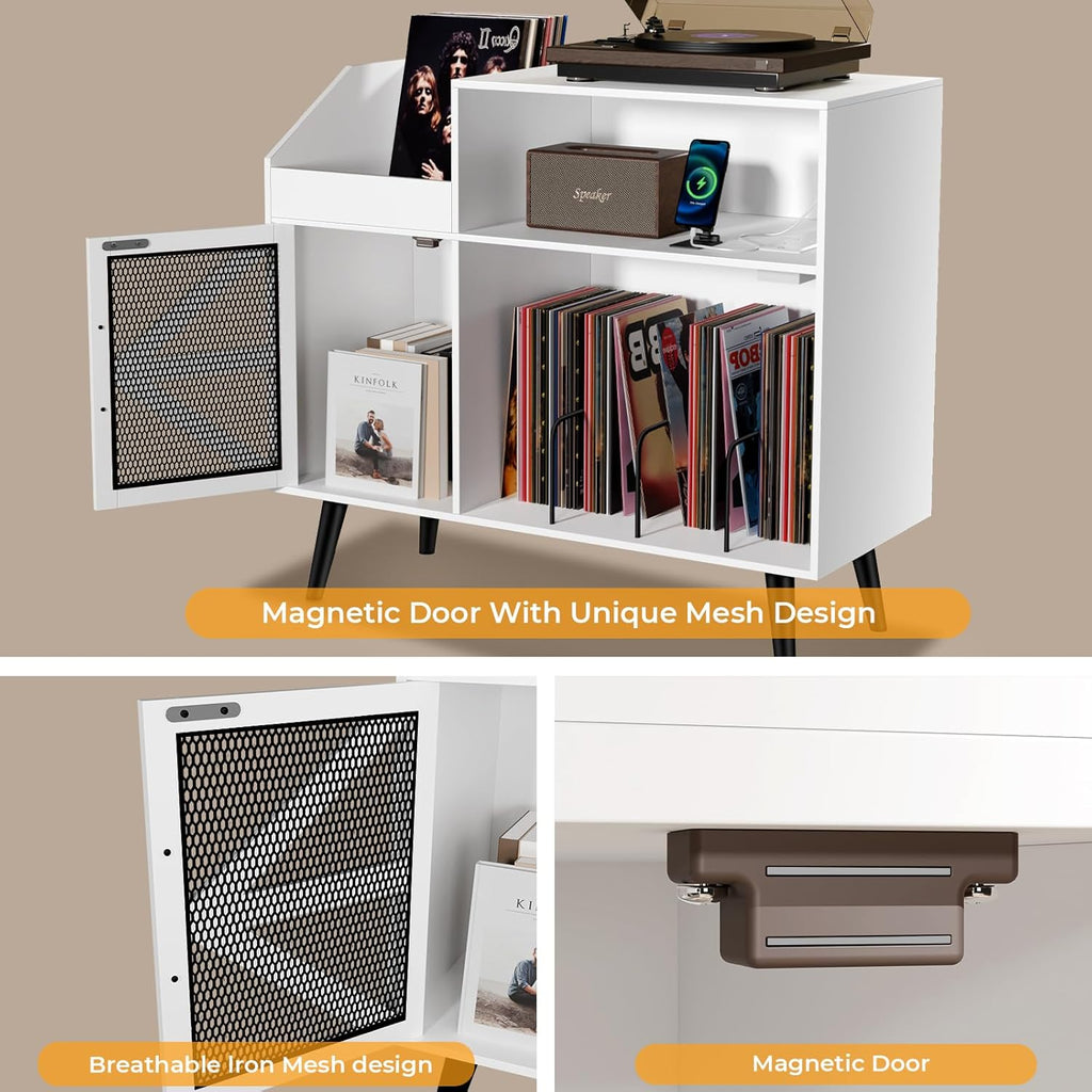 Large White Record Player Stand with Magnetic Door,350 Vinyl Record Storage Cabinet, Record Player Table with Power Outlet and LED Light,Turntable Stand with Wood Legs for Living Room