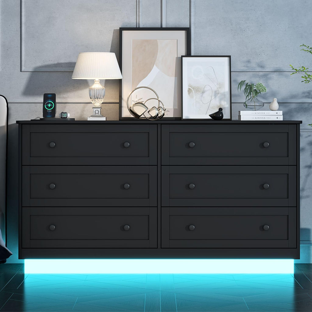 Loomie 6 Drawer Dresser with Power Outlet, Modern Chest of Drawers with Led Light, Double Wide Drawer Organizer Cabinet, Dresser for Bedroom, Living Room, Entryway (White)