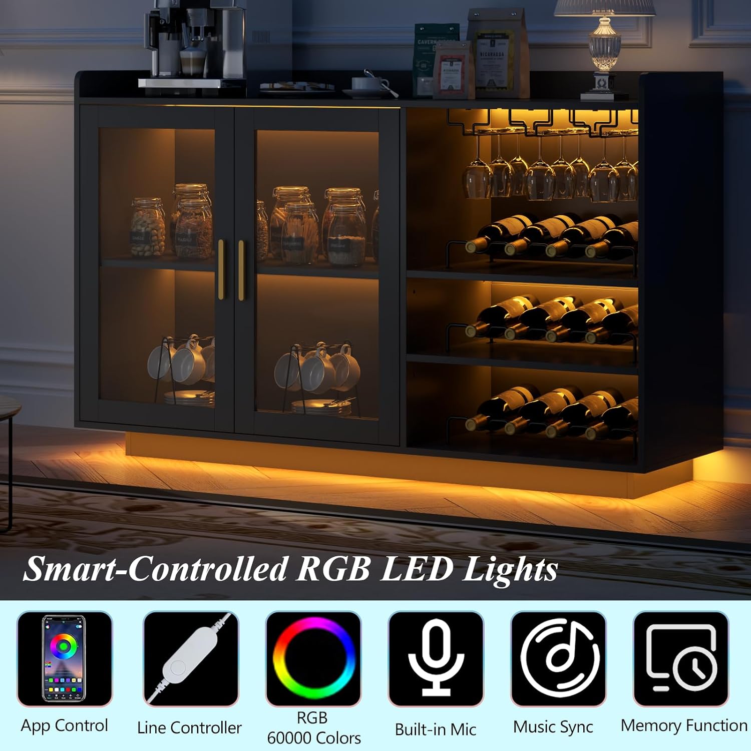 Loomie Wine Bar Cabinet with LED Lights, Floating Coffee Bar with Glass Rack and Removable Wine Racks, Modern Buffet Sideboard with Storage Shelves, Kithchen Bar with Glass Cabinet Doors, Black