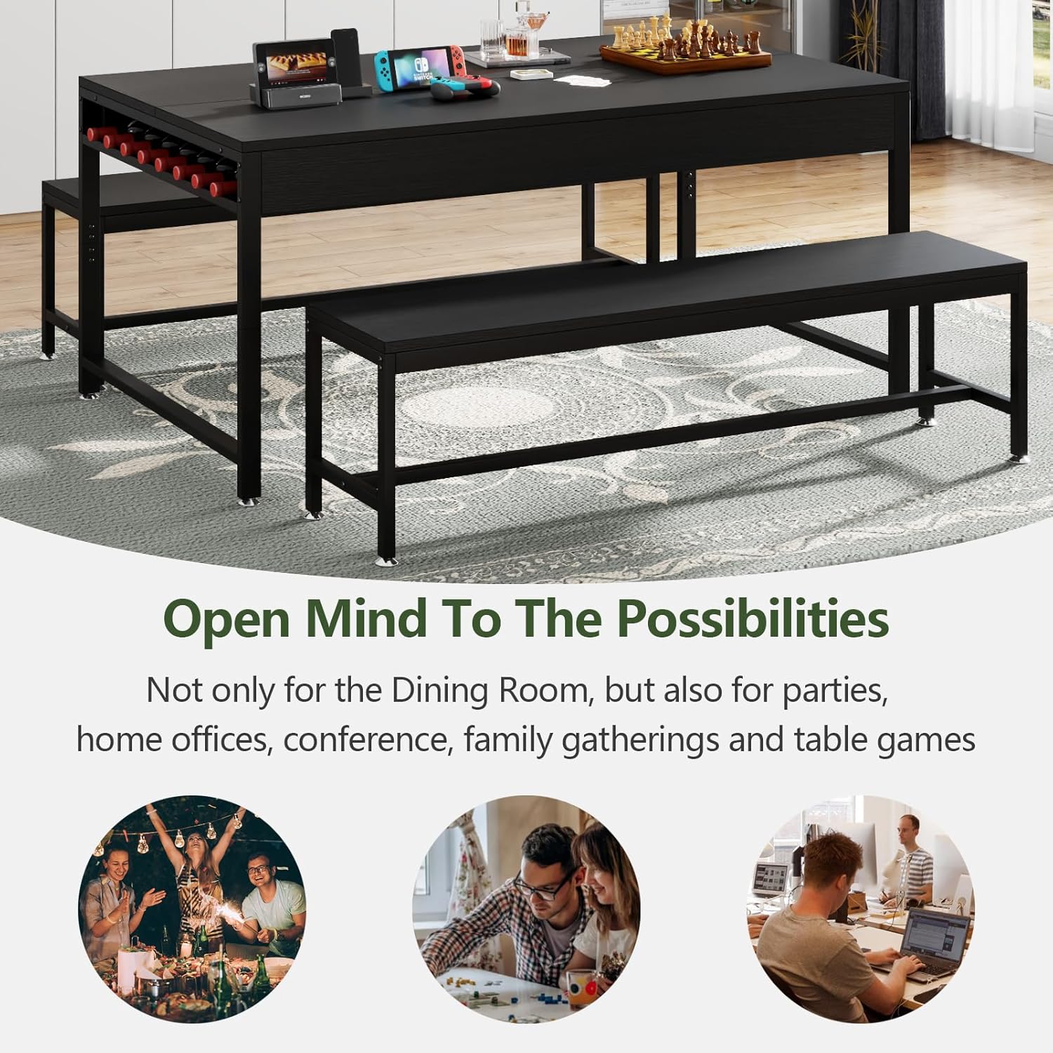 Loomie 63" Dining Table Set for 4-6, 3-Piece Kitchen Table with 2 Utensil Drawers, 2 Benches & Wine Rack, Modern Space Saving & Heavy Duty Dinner Table Set with Metal Frame & MDF Board,Black