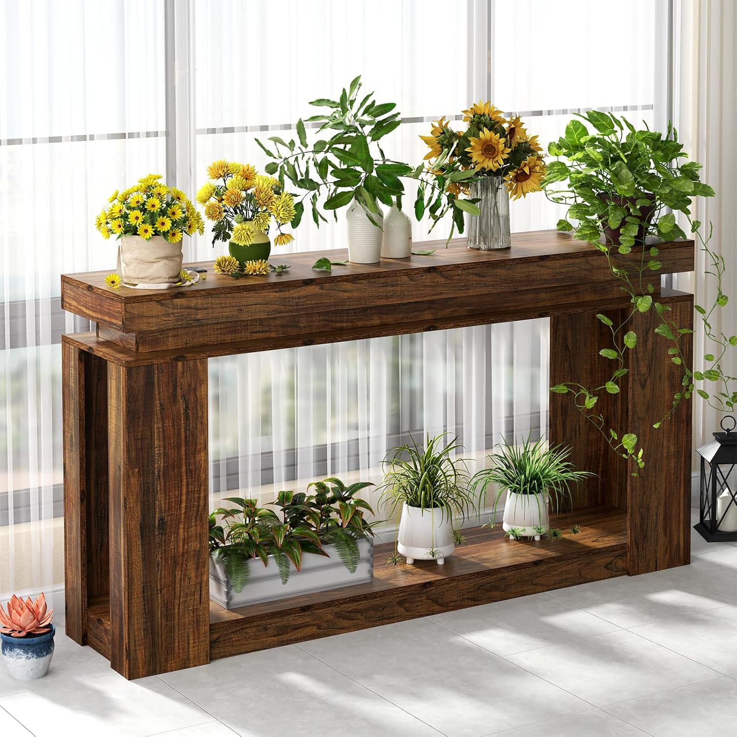 Loomie 63" Long Console Table with LED Lights & Power Outlet, 2-Tier Farmhouse Sofa Table Behind Couch with Storage, Narrow Entryway Tables with Heavy Duty Base for Living Room, Hallway (Brown)