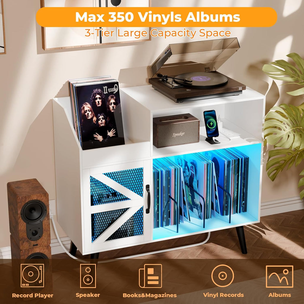 Large White Record Player Stand with Magnetic Door,350 Vinyl Record Storage Cabinet, Record Player Table with Power Outlet and LED Light,Turntable Stand with Wood Legs for Living Room