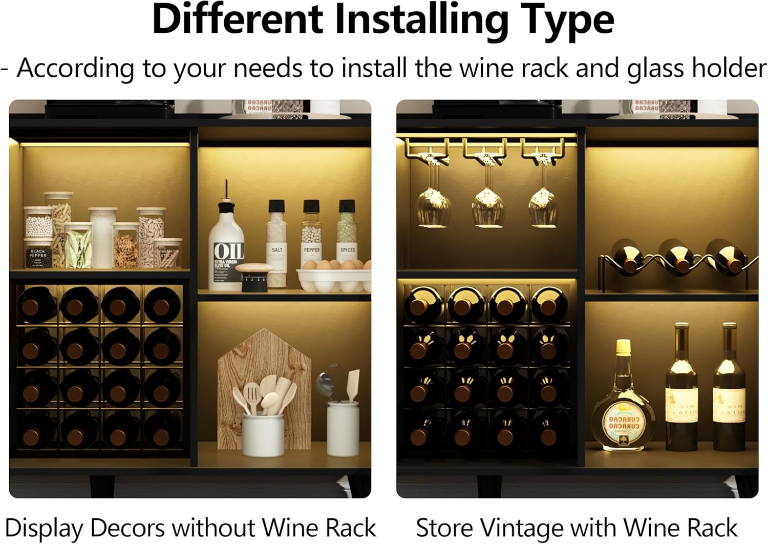 Loomie Wine Bar Cabinet with LED Light, Home Coffee Cabinet with Wine Rack and Glass Holder, Kitchen Buffet Sideboard W Storage Shelf, Freestanding Liquor Cabinet for Living Room, Dining Room (Black)