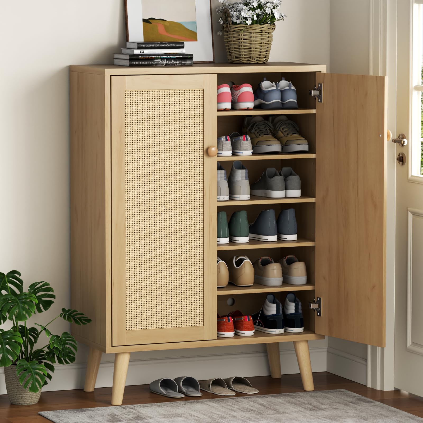 Loomie Rattan 5-Tier Shoe Storage Cabinet with Doors, Drawer & Cubby, 44.3" Boho Shoe Organizer for Entryway Hallway Closet (Natural)