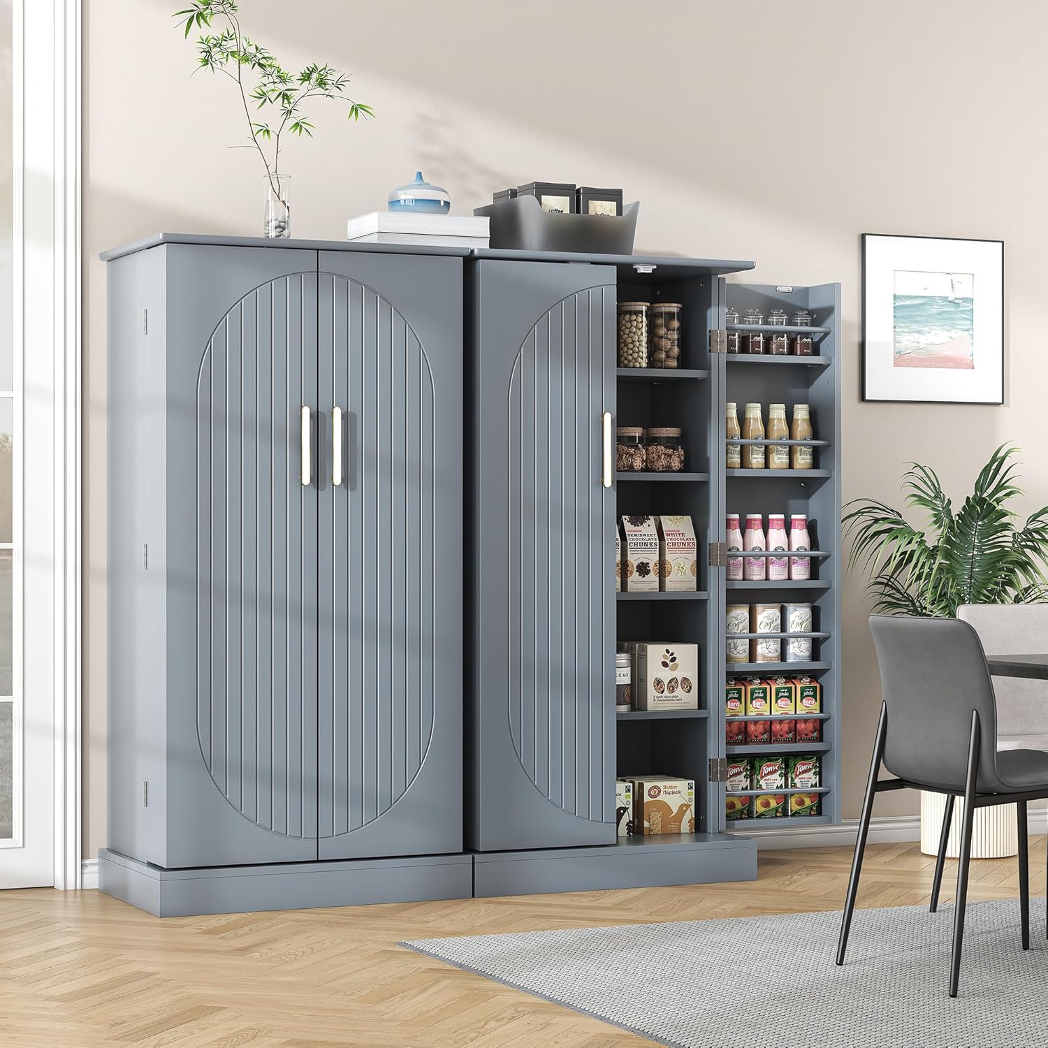 47” Kitchen Pantry Cabinets, Freestanding Kitchen Pantry Storage Cabinet with Doors and Adjustable Shelves, Buffet Cupboards Storage Cabinet for Home Office Use (Grey)