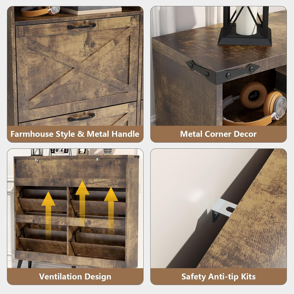 Loomie Shoe Cabinet with 4 Flip Drawers, Farmhouse Shoe Storage Cabinet with 2 Open Cubbies, Freestanding Narrow Hidden Shoe Rack Organizer with Solid Wood Legs for Entryway, Hallway (Rustic Brown)