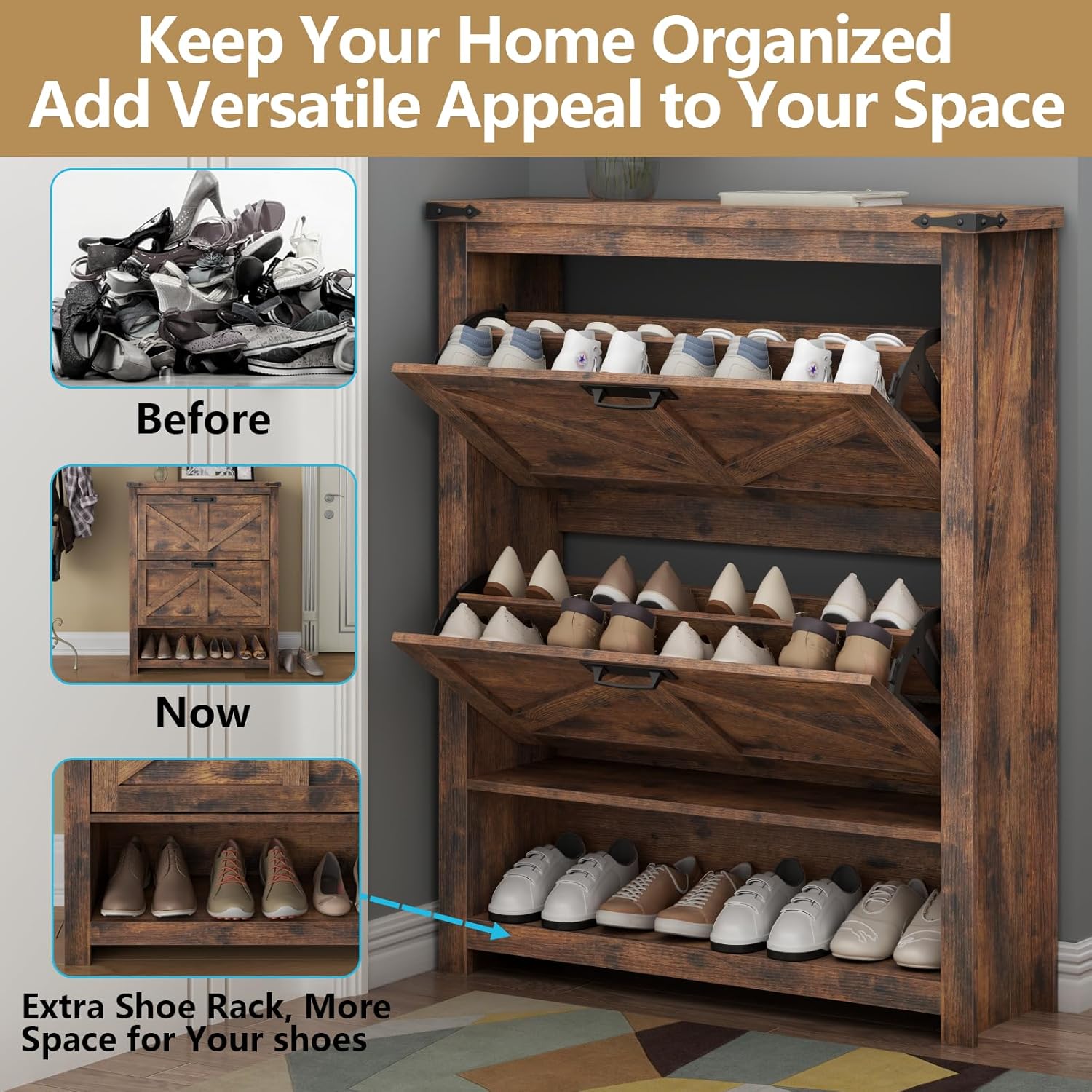 Loomie Farmhouse Shoe Storage Cabinet,Free Standing Shoe Organizer with 2 Flip Drawers, Narrow Modern Slim Hidden Shoe Cabinet with Doors & Cubby for Entryway, Vintage Brown