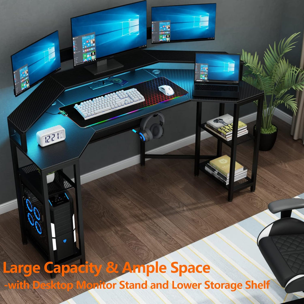 Loomie Computer Desk with Power Outlet & Led Light, 63" Large Wing-Shaped Gaming Desk with Full Monitor Stand, Wireless Charging, RGB Mouse Pad,Headphone Hook,Studio Desk with Storage Shelf for Live