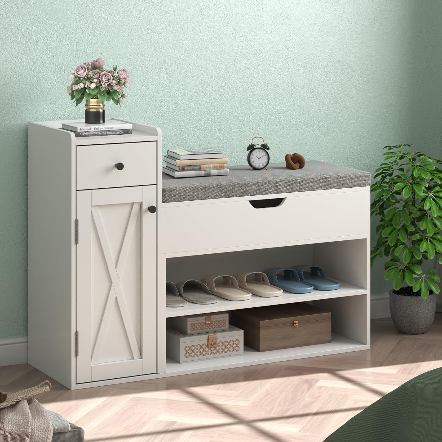 Loomie Shoe Storage Bench, 2-Tier Farmhouse Entryway Bench with Lift Top Storage Box, Drawer & Soft Removable Seat Cushion, Silm Shoe Rack with Shoe Cabinet for Entryway, Hallway, Bedroom, White