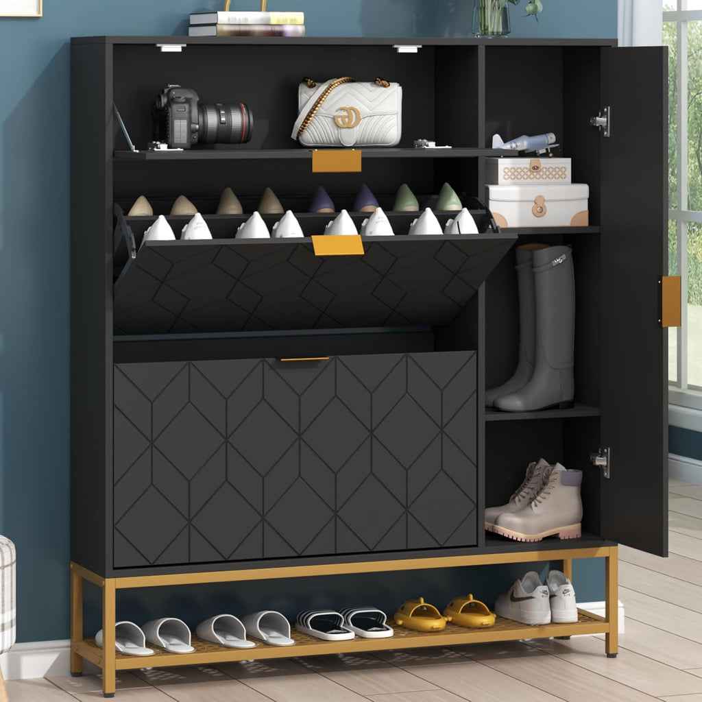 Loomie Shoe Cabinet,Freestanding Tipping Bucket Shoe Rack Organizer with 2 Flip Drawers,Entryway Narrow Shoe Storage with Adjustable Storage Shelf &Top Cubby,Modern Slim Hidden Shoe Cabinet, Black